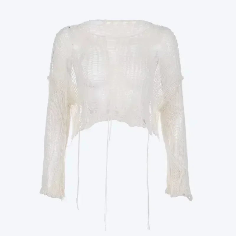 Y2k Cropped Hole Sweater Sexy Gyaru Hollow Out Knit Pullovers Goth Korean Long Sleeve Jumper Summer Fashion Sheer Knitwears Tops