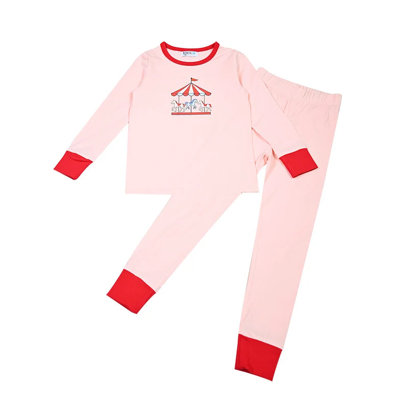 Summer Family Matching Set Long Sleeve Pajamas Brother and Sister Matching Pink and Blue Carousel Soft Print Sibling Clothes