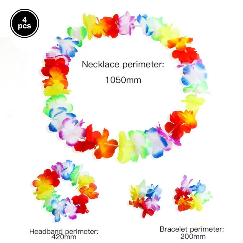 4pcs/set Hawaiian Flower Lei Hula Necklace Garland Headband Wristbands Wedding Decorations Beach Tropical Party Supplies