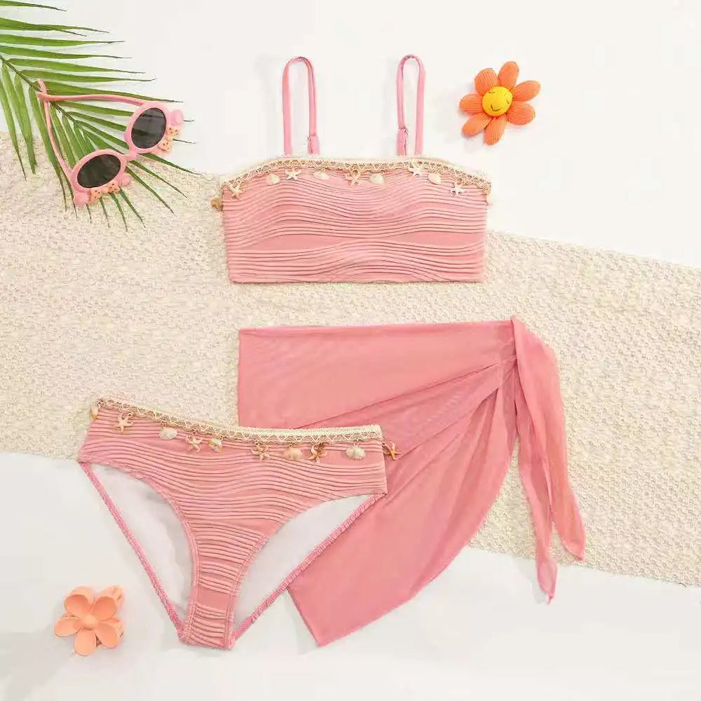 2026 Strappy Girls Swimsuit 3 Pieces Bikini & Skirt Bandeau Kids Swimwear Female Children's Bathers Bathing Swimming Swim Suit