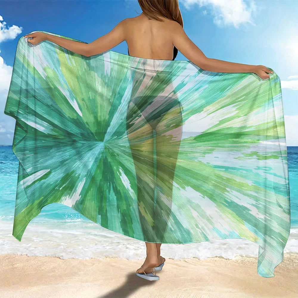 1 PC Beach Dress, Beach Towel, Beach Shawl. Vibrant abstract green burst pattern with radial streaks. Translucent material, i