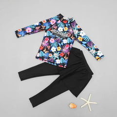 Printing Long Sleeved Girls Swimwear Sun Protection Swimming Suit  Long Pants Skirt Style Quick Drying Bathing Suit 3-11Y