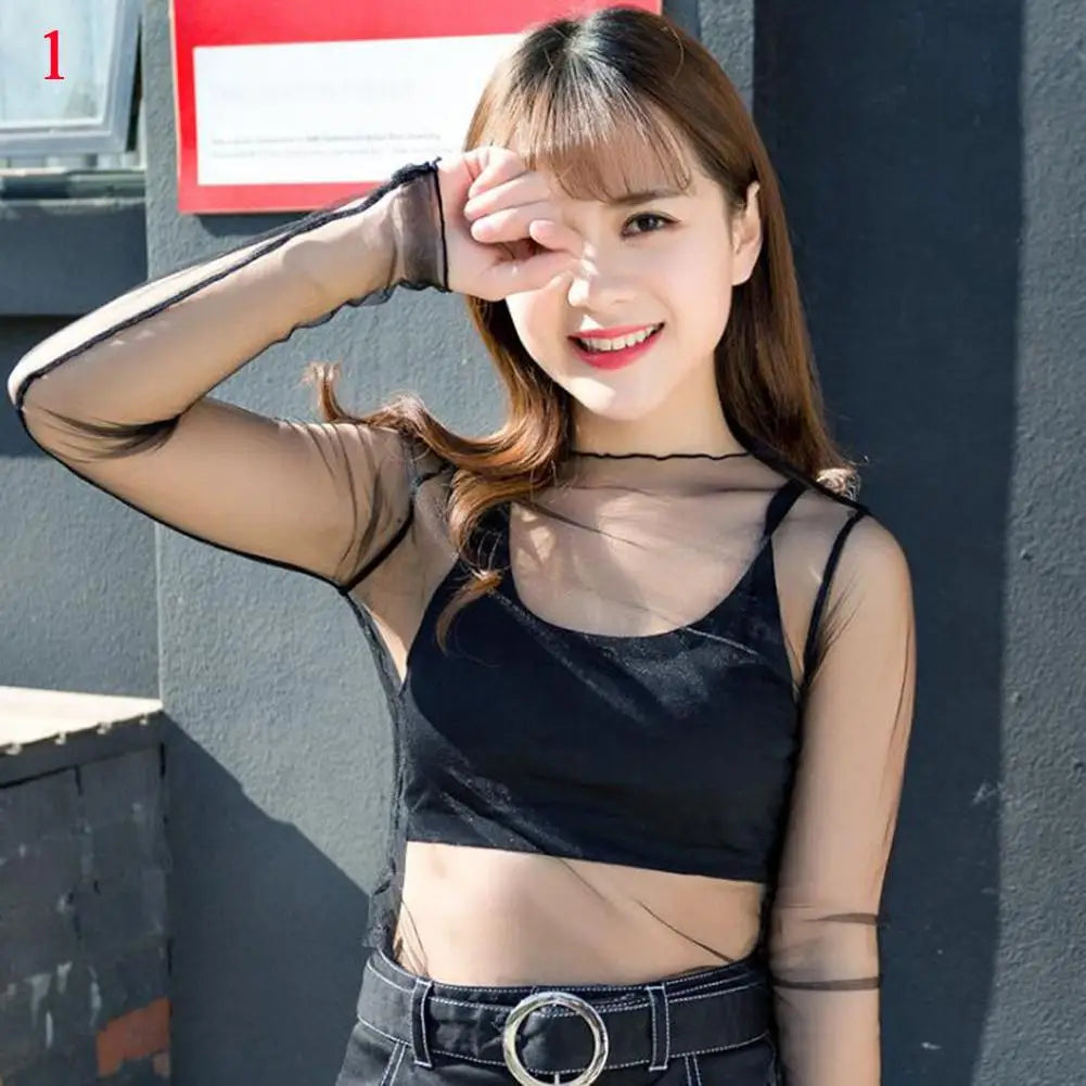 Lace Sheer Women‘s T-Shirt Fashion Mesh Summer Thin Bottom Shirt Transparent Long Sleeve Blouses Ladies Tops High Neck Tee Soli
