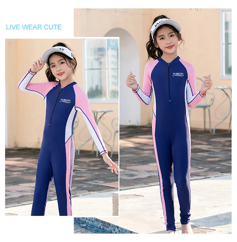 One Piece Girls Swimwear Full Cover Long Sleeve Swimsuit Kids Sun Protection Swimming Suit Teenage Korean Style Bathing Suit
