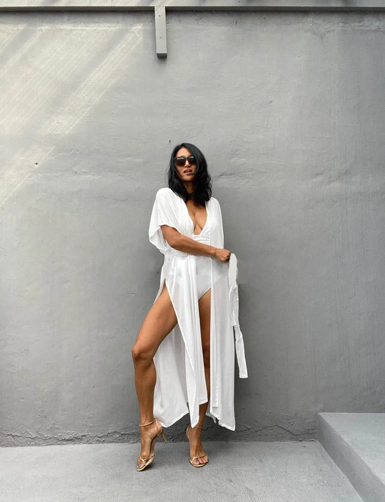 Swimsuit Cover Ups for Women Beach Cape Tunic Kimono Summer Belted Split Wrap Dresses Pareo Holiday Bathing Suits Factory Supply