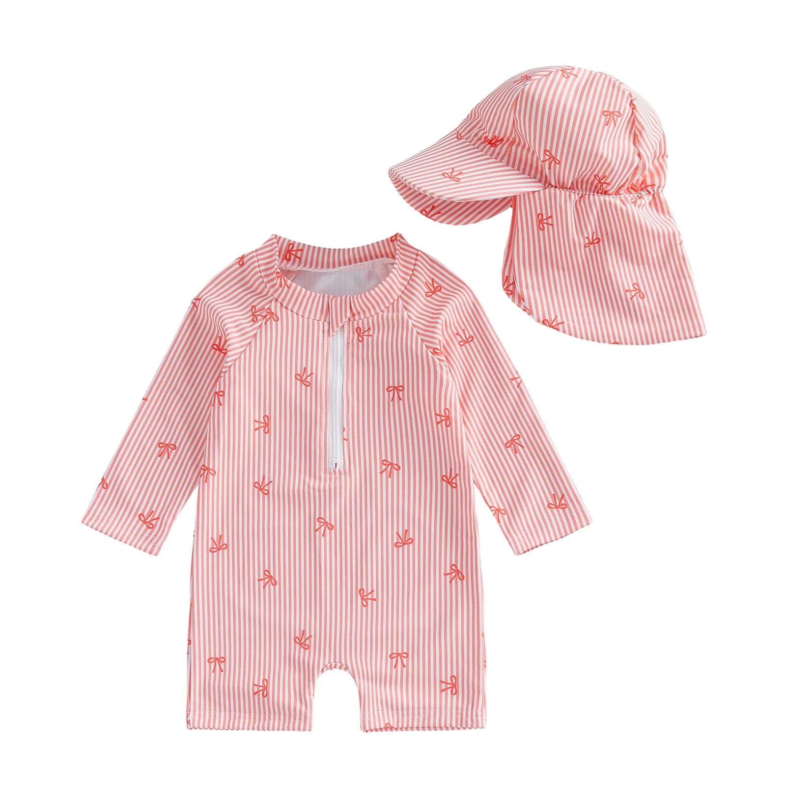 0-24M Newborn Baby Girl Rash Guard Swimsuit Cute Fashionable Striped Bow Printed Long Sleeve Swimwear with Hat