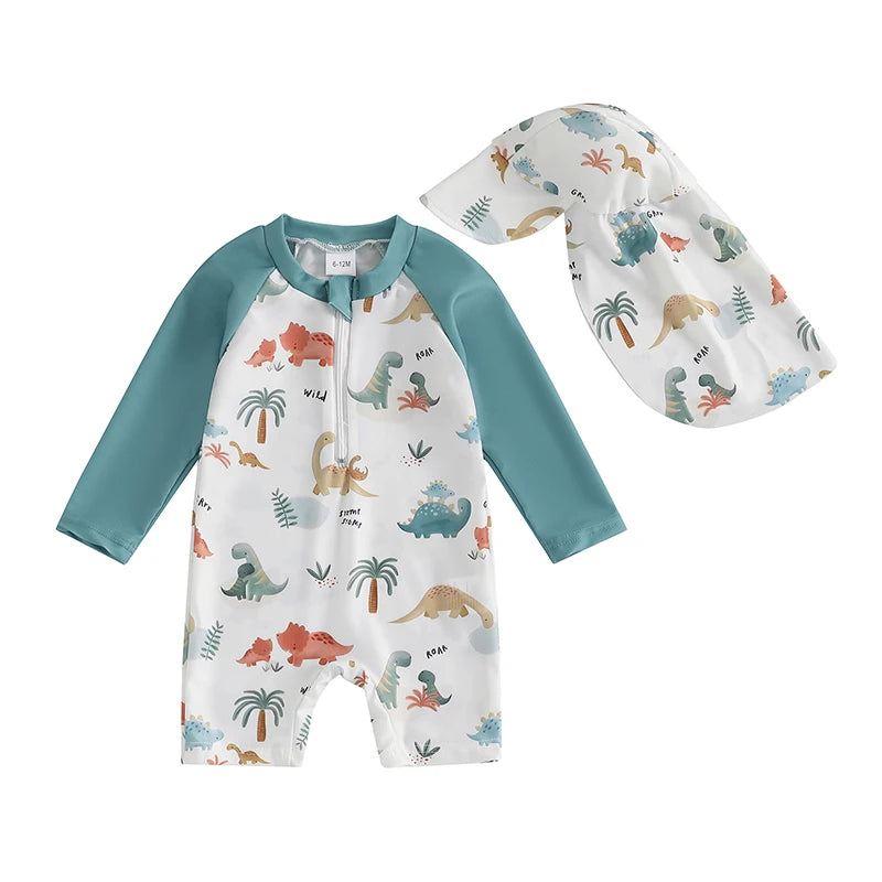 1-4T Toddler Boys Rash Guard Swimsuit Dinosaur/Shark Print Long Sleeve Zip Bathing Suit with Swim Cap