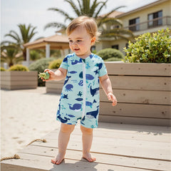 1-4Y Kids Baby Boys Rash Guard Swimsuit Toddler Dinosaur Whale Pattern Zip-up Short Sleeve Crew Neck Swimwear Beachwear