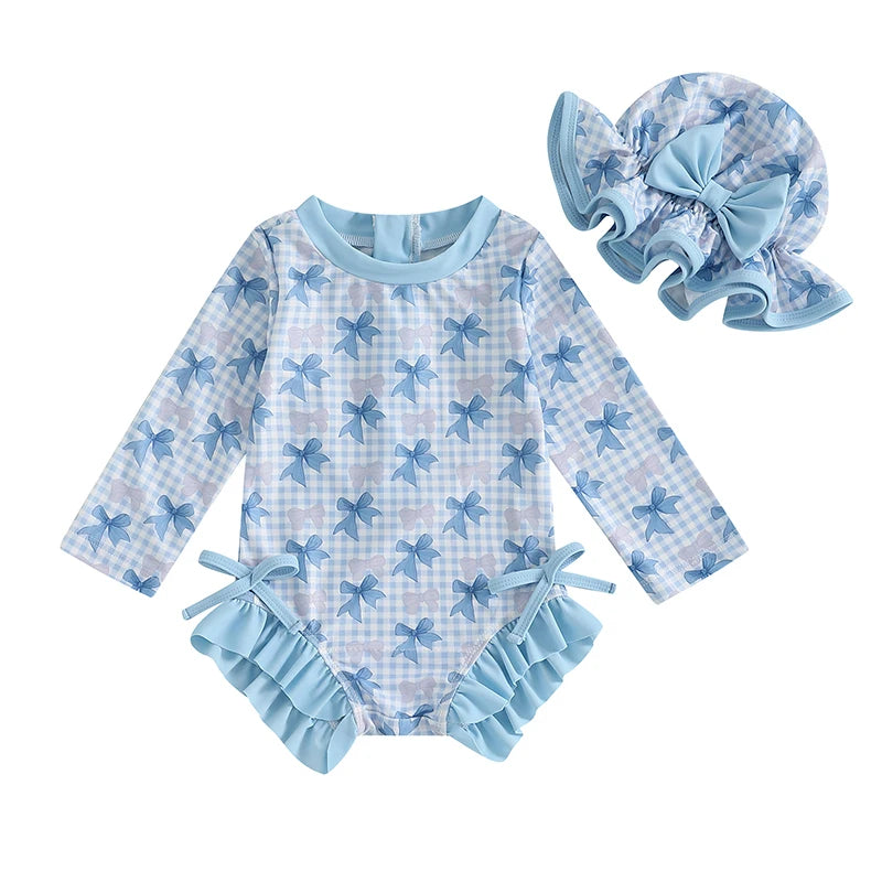 1-4T Children Baby Girl Rash Guard Swimsuit Long Sleeve Bow Plaid Print Bathing Suit Infant Swimwear with Sun Hat