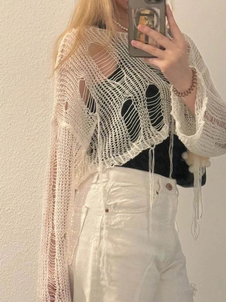 Y2k Cropped Hole Sweater Sexy Gyaru Hollow Out Knit Pullovers Goth Korean Long Sleeve Jumper Summer Fashion Sheer Knitwears Tops