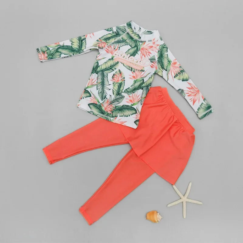 Printing Long Sleeved Girls Swimwear Sun Protection Swimming Suit  Long Pants Skirt Style Quick Drying Bathing Suit 3-11Y