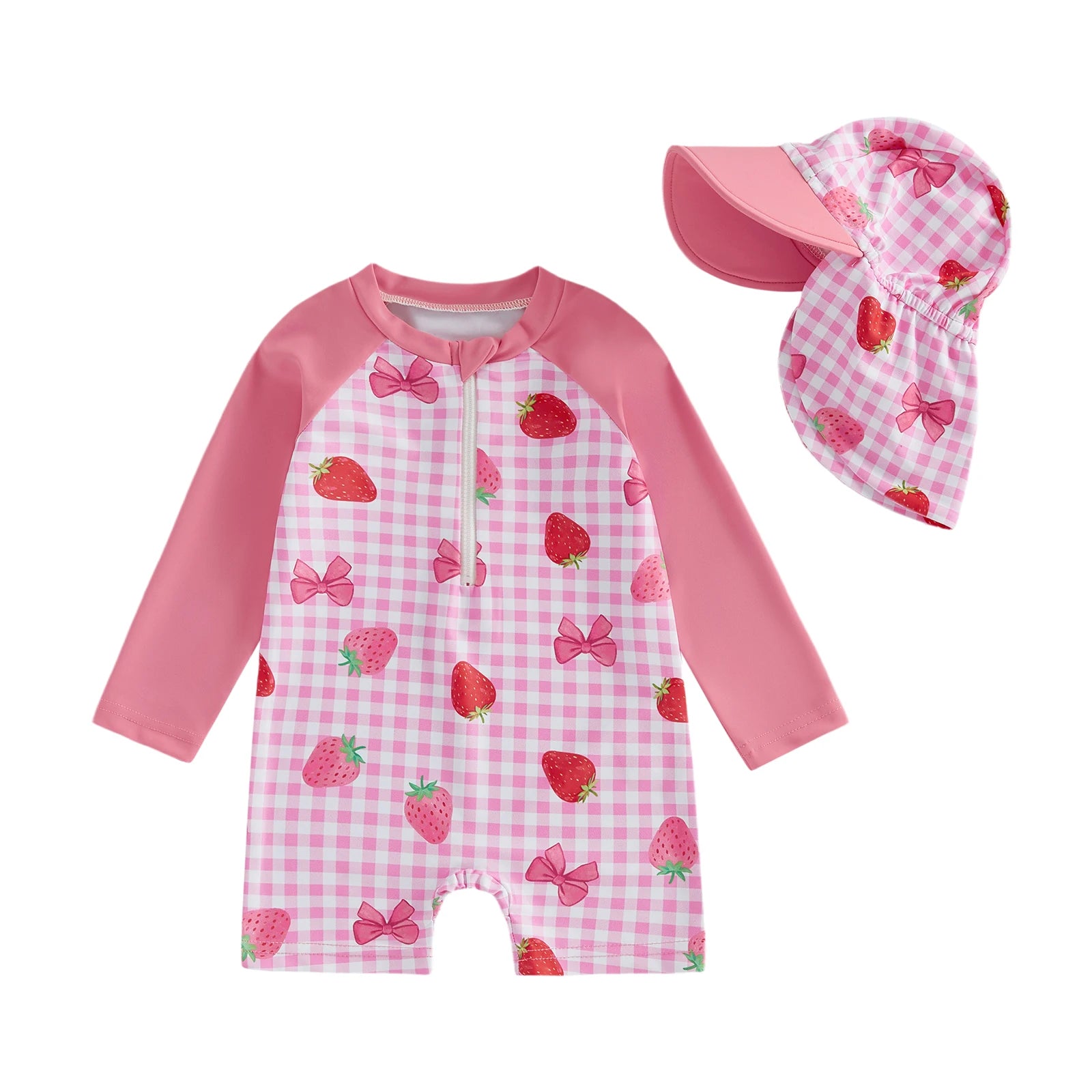 3M-3T Toddler Girl Rash Guard Swimsuit Strawberry/Bow/Cherry Print Long Sleeves Front Zipper Bathing Suit with Hat