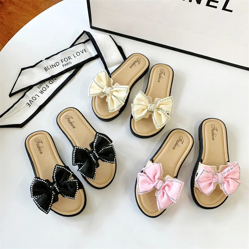 2026 New Bow Flats Open Toe Slide Sandals Non-slip Flip Flops Children Home Slippers Kids Girls Summer Cute Beach Slippers Shoe