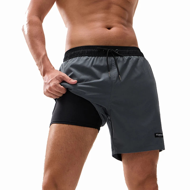 ESCATCH 2026 Latest Mens Shorts Breathable Long Lining Quick-Dry Sports Swim Traje De Baño Hombre Zipper Pockets Beach Shorts