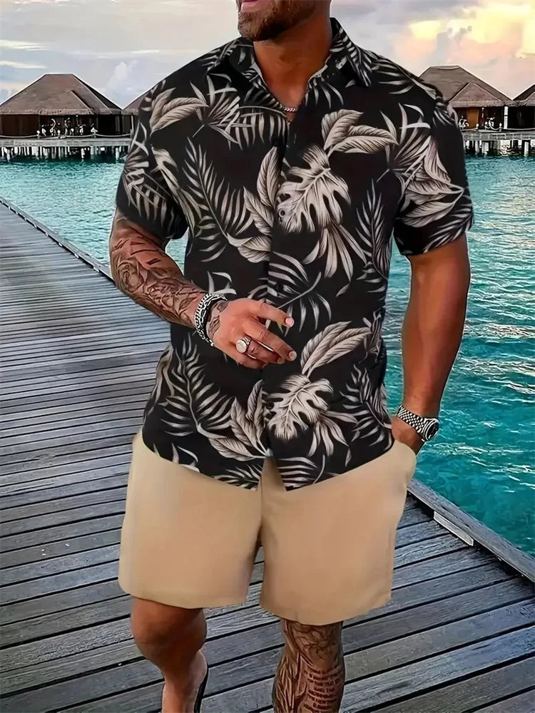 Men's Hawaii Shirt Set Men's 3D Printed Short Sleeve Shirt Shorts Two Piece Summer Beach Lapel Shirt Set Unisex Casual Clothing