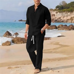 Men's Retro Cotton Linen Stand-Up Collar Long-Sleeved Suit Spring-Autumn Fashionable Loose Pure-Color Two-Piece Set