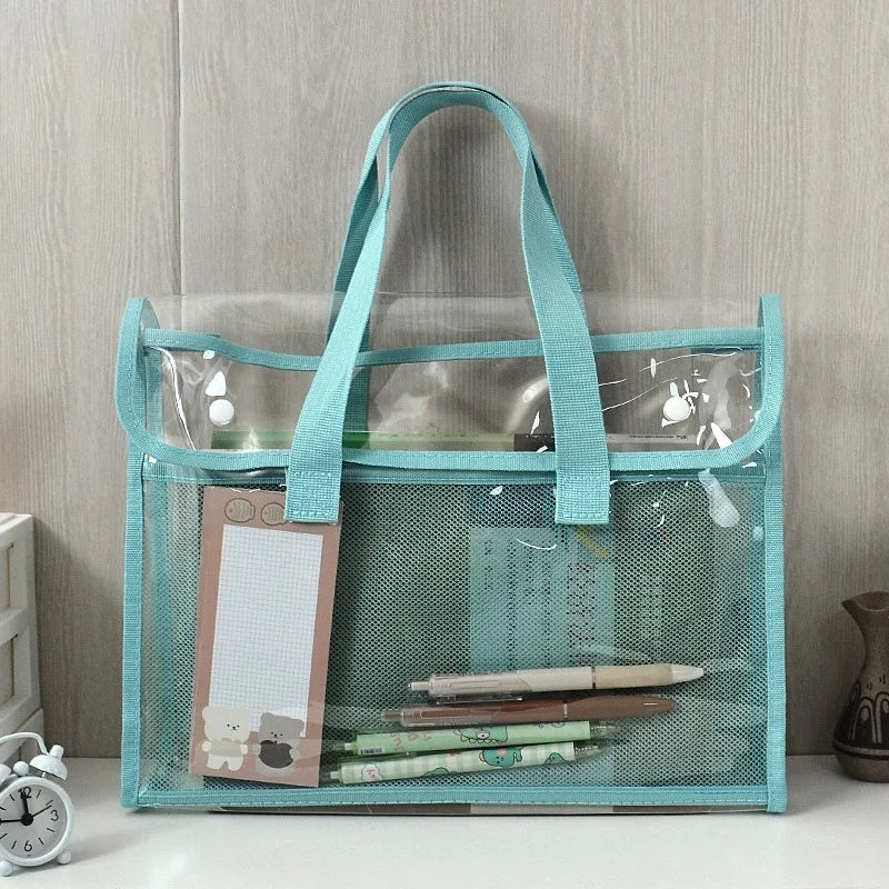 Clear Transparent PVC Tote Bag Large Capacity Waterproof Mesh Pocket Reinforced Handle for School Commute Beach