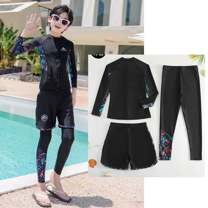 Girls Swimsuit Girls Long Sleeve Rash Guard 3-Pieces Bathing Suit 100cm-160cm Height Athletic Sweatsuit Activewear Tracksuit