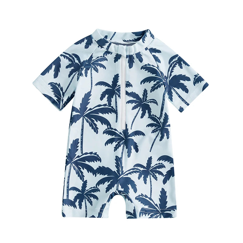 Toddler Boy Girl Rash Guard Swimsuit Coconut Tree Print Short Sleeve Mock Neck Zip Bathing Suit