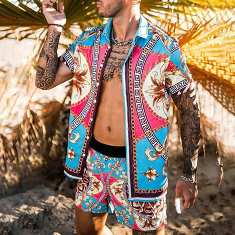 Men Hawaiian 2Pcs Sets Summer 3D Printing Short Sleeve Shirt Beach Button Shorts Streetwear Shirt Holiday Men's Two Piece Suit