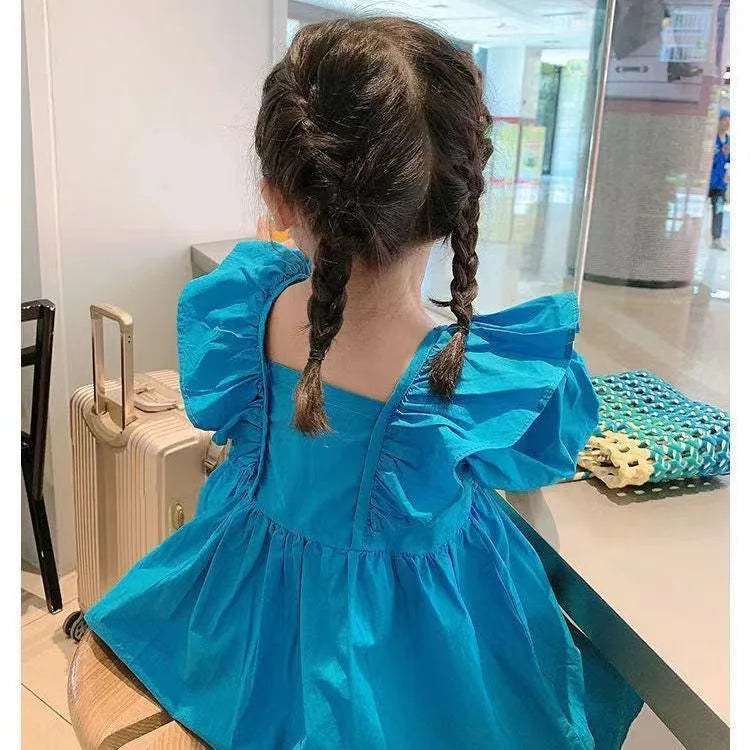 2025 New Children's Dress Girls' Summer Korean Edition Fashion Bubble Sleeves Checkered Strap backless Dress 1-6Y