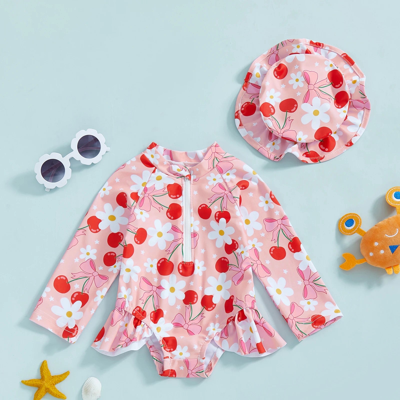 Summer Baby Girls Beacwear Princess Toddler Infant Rash Guard Swimsuits with Hat Floral Print Zip Up Children Girls Swimwears