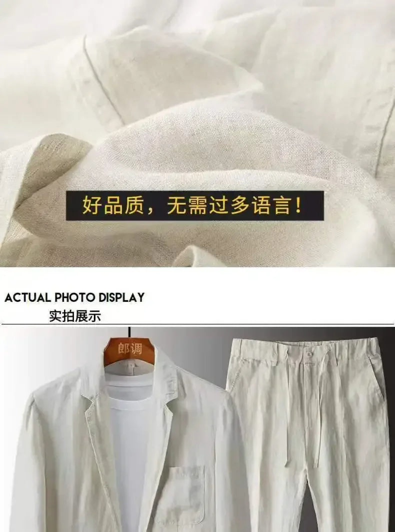 Men's Spring Summer Casual Sets Cotton Linen Two-piece Set Blazer Jacket + Pants Casual Business Thin Clothing Breathable Suit