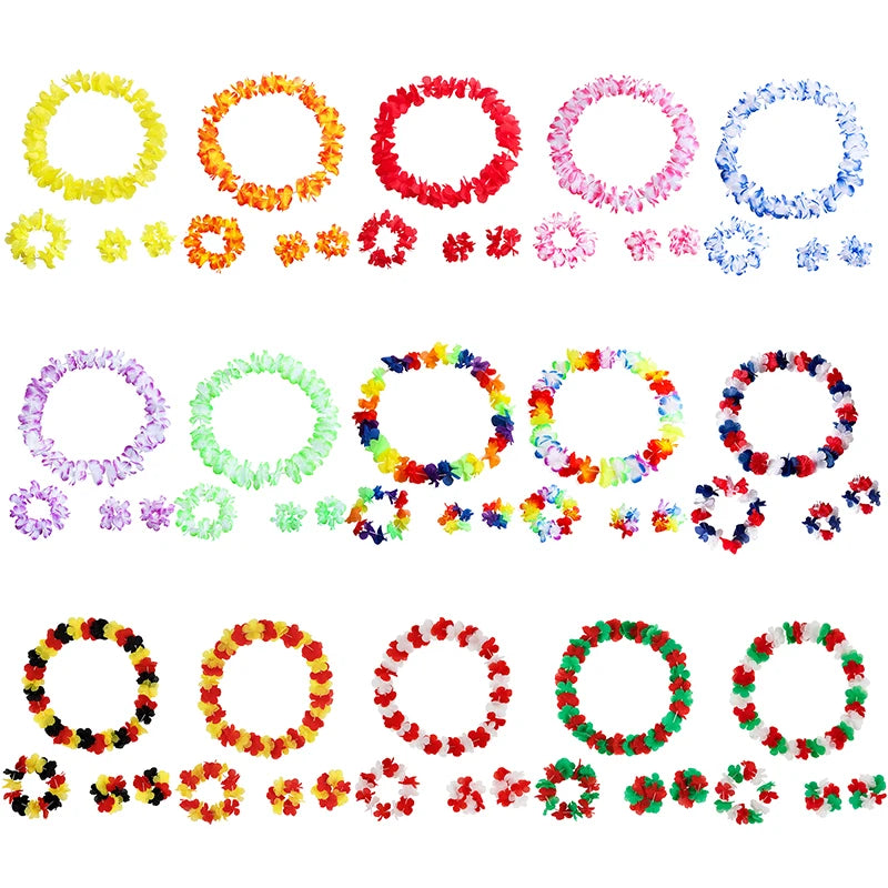 4Pcs/set Hawaiian Artificial Flowers Leis Necklace Garland Headband Wedding Birthday Beach Tropical Party Decoration