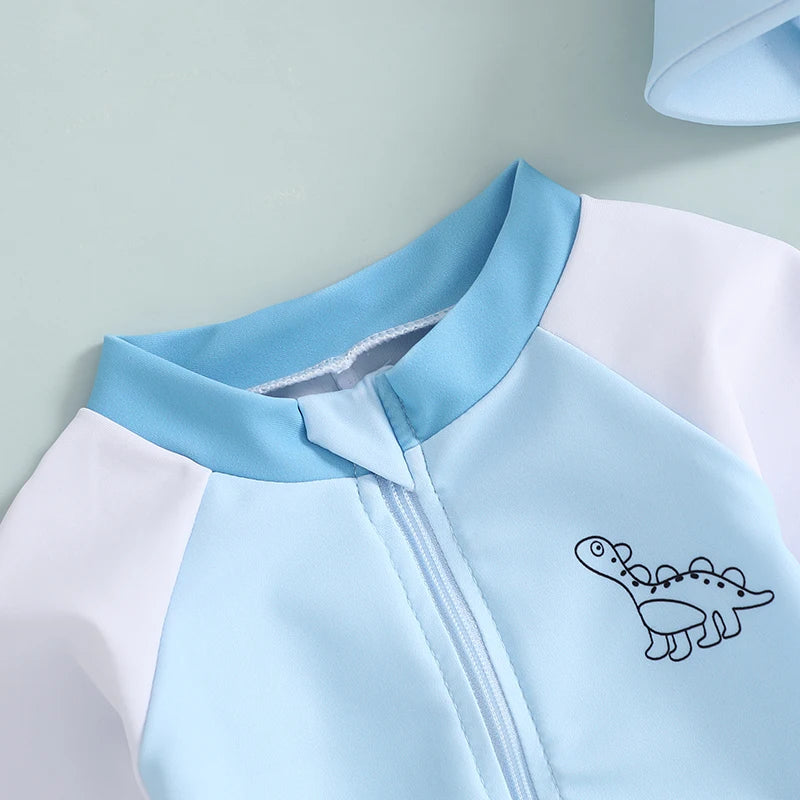 0-3T Newborn Toddler Boys Rash Guard Swimsuit Contrast Color Dinosaur Print Long Sleeve Mock Neck Zip Bathing Suit with Hat