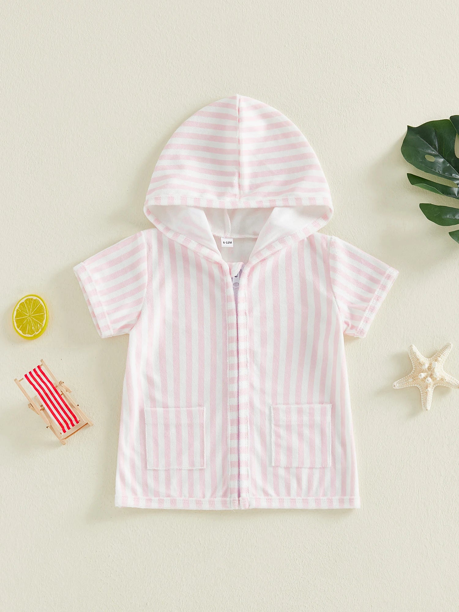 0-5Y Girls Swimwear Cover-ups Short Sleeve Zip Up Hooded Striped Bathing Suit Cover Up for Kids Pool Beach Robe 2026 New