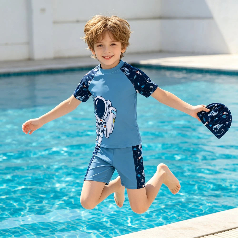 Boys Astronaut Swimsuit Set 3Pcs Kids Rash Guard Swimwear Short Sleeve Shirt + Shorts + Cap Children Beachwear UPF50+