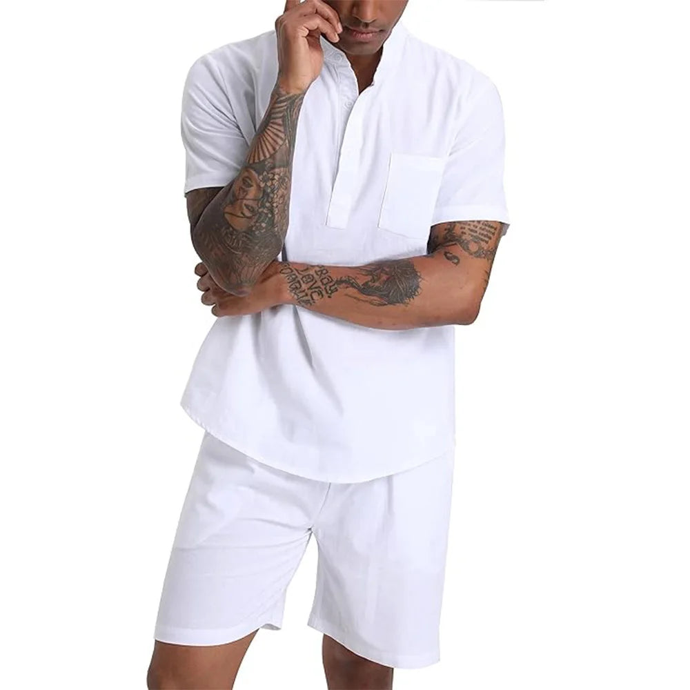 Men's Cotton Linen Set Henley Shirts Shorts Outfits 2 Pieces Beach Clothes Vacation Matching Suit Summer Wear Shirt Sleeve
