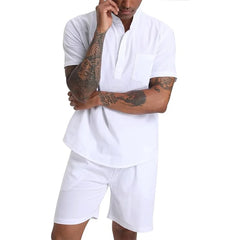 Men's Cotton Linen Set Henley Shirts Shorts Outfits 2 Pieces Beach Clothes Vacation Matching Suit Summer Wear Shirt Sleeve