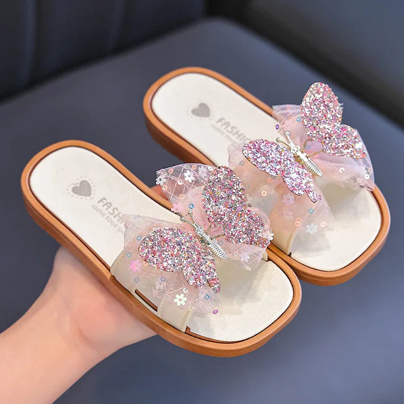 2026 Children's Summer Butterfly Knot Beach Sandals Plastic Slip-On Home Slippers Anti-Slip Beachwear Girls Flip Flops