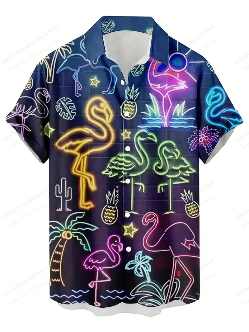 Summer Men's Vocation Lapel Camisa Oversized Hawaiian Shirts Flamingo 3d Print Fashion Men Women Beach Short Sleeve Blouse Boy