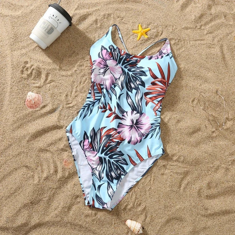 2024 New Mom Daughter Swimwear Floral Pattern Ruffle One-Piece Swimsuit Dad Son Swim Shorts Family Matching Outfits Beach Wear