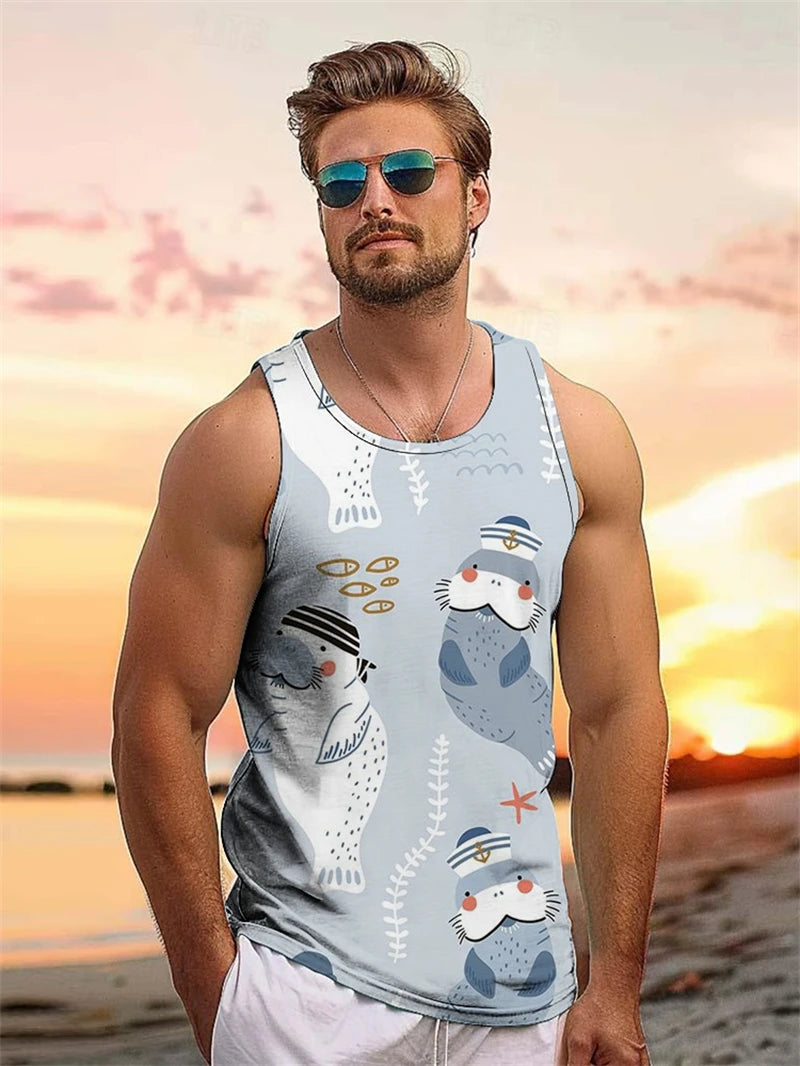 Tropical Plant Palm 3D Graphic Men's Sleeveless Hawaii Vacation Outdoor Casual Tank Tops Summer Travel Street Loose Men Clothing