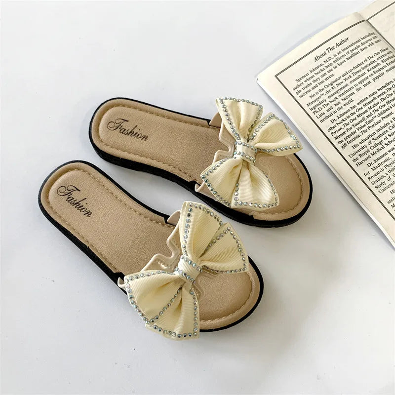 2026 New Bow Flats Open Toe Slide Sandals Non-slip Flip Flops Children Home Slippers Kids Girls Summer Cute Beach Slippers Shoe