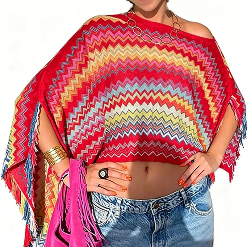 Combhasaki Women Knitwear Bikini Cover-up See-through Solid Off Shoulder Irregular Triangle Hem Loose Pullover Summer Beach Tops