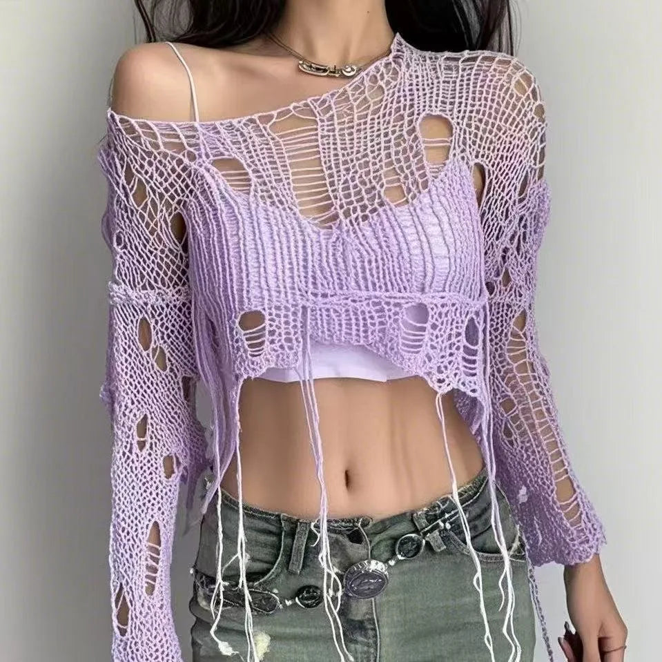 Y2k Cropped Hole Sweater Sexy Gyaru Hollow Out Knit Pullovers Goth Korean Long Sleeve Jumper Summer Fashion Sheer Knitwears Tops