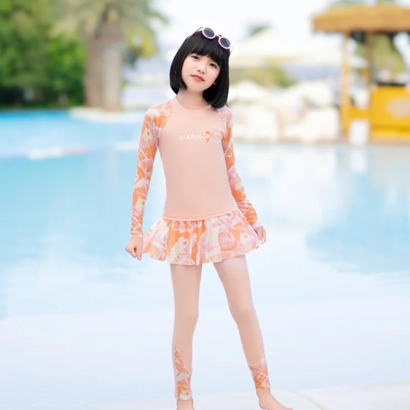 New Girls Fashion Swimsuit Sets Kids Long Sleeve Letter Top + Pants + Skirt 3Pcs for Kids 5-12 Years Split Swimming Clothes
