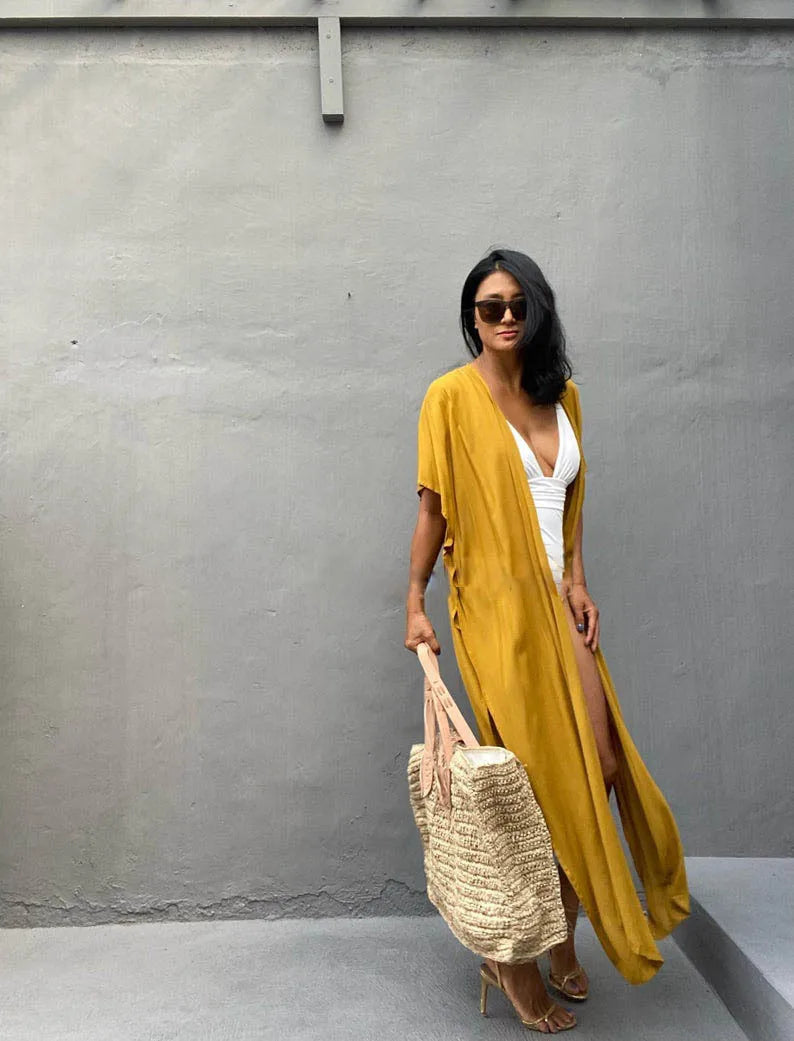 Swimsuit Cover Ups for Women Beach Cape Tunic Kimono Summer Belted Split Wrap Dresses Pareo Holiday Bathing Suits Factory Supply