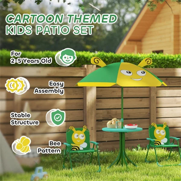 Cute Monkey Kids Patio Table Chair Set with Removable Cartoon Sun Umbrella, Foldable Portable Outdoor Toddler Furniture, 2 Folding Chairs Round Metal Table, Space Saving Kids Play Dining Set for Backyard Garden Lawn Picnic Be