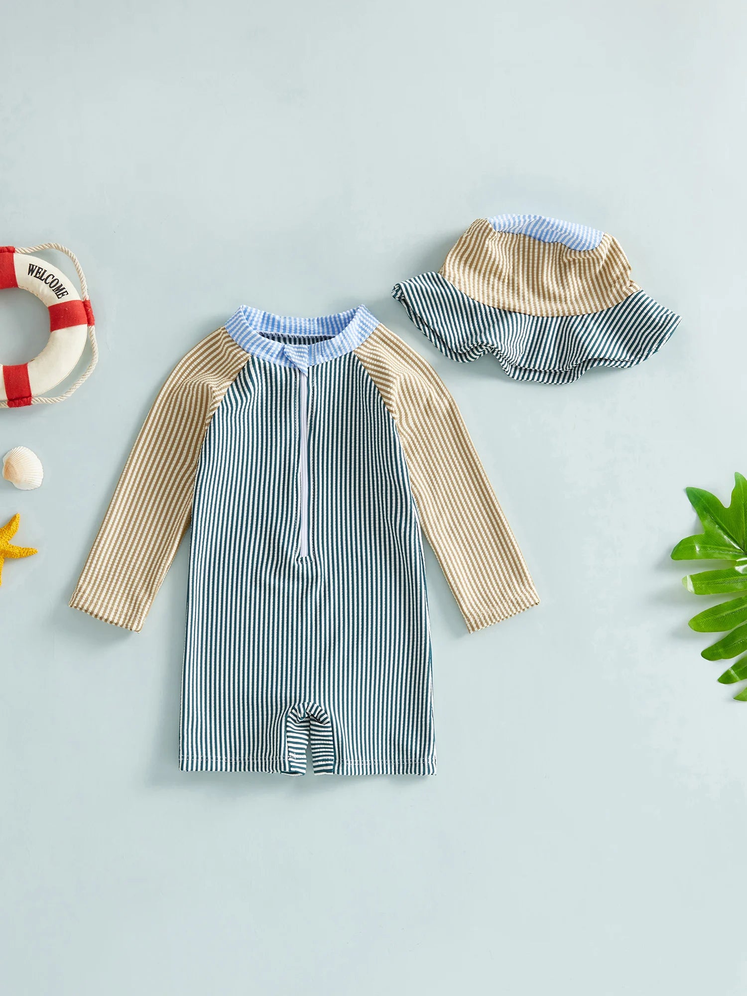 0-24M Newborn Baby Boy Rash Guard Swimsuits Contrast Color Stripes Print Long Sleeve Zip Up Bathing Suit with Sun Cap