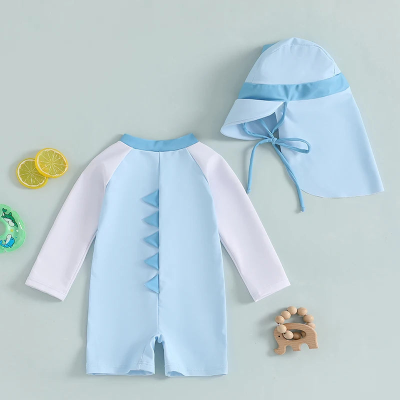 0-3T Newborn Toddler Boys Rash Guard Swimsuit Contrast Color Dinosaur Print Long Sleeve Mock Neck Zip Bathing Suit with Hat
