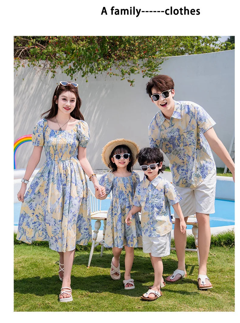 Vacation Couple Family Matching Outfit Dad Son Beach Shirts Mom Daughter Smock Dress Korean Parent-child Sister Brother Clothes