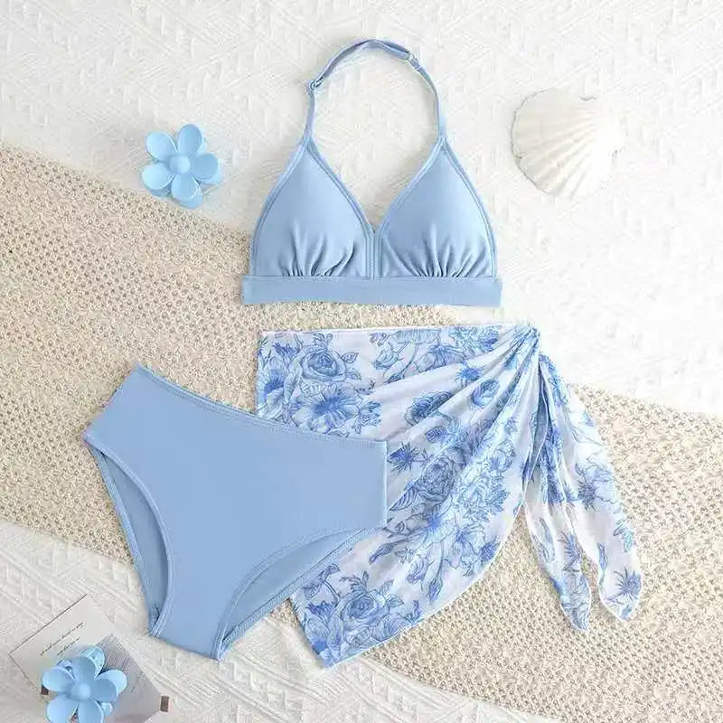 2026 Leopard Girls Swimsuit 3 Pieces Halter Triangle Bikinis Kids Swimwear Female Children's Bathing Swimming Swim Suit 8Y-12Y