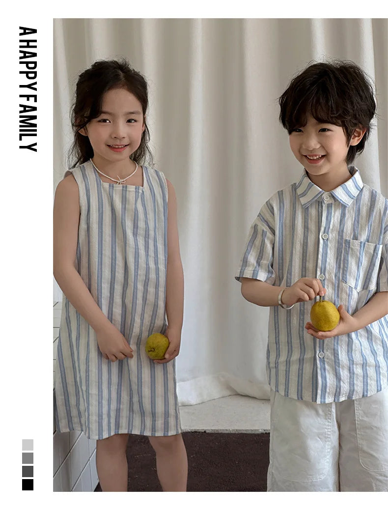 Korea Style Family Matching Outfit Striped Print Short Sleeve T-shirt+Shorts Tank Dress Parent-child Clothing Beach Holiday Look
