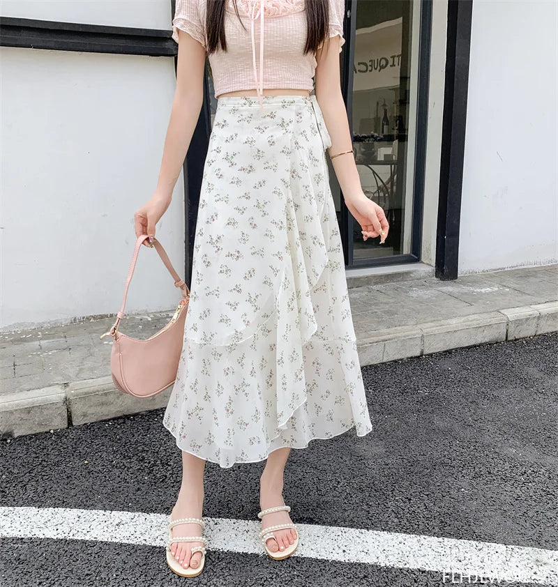 Wrap Up Chic Korea Clothes Women Cute Girls Floral Robe Holiday Beach Date High Waist Retro Vintage One-Piece Lace-Up Skirts