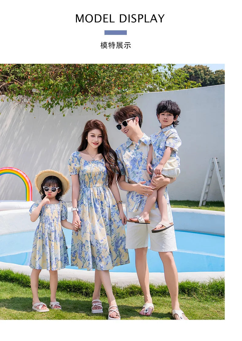 Vacation Couple Family Matching Outfit Dad Son Beach Shirts Mom Daughter Smock Dress Korean Parent-child Sister Brother Clothes